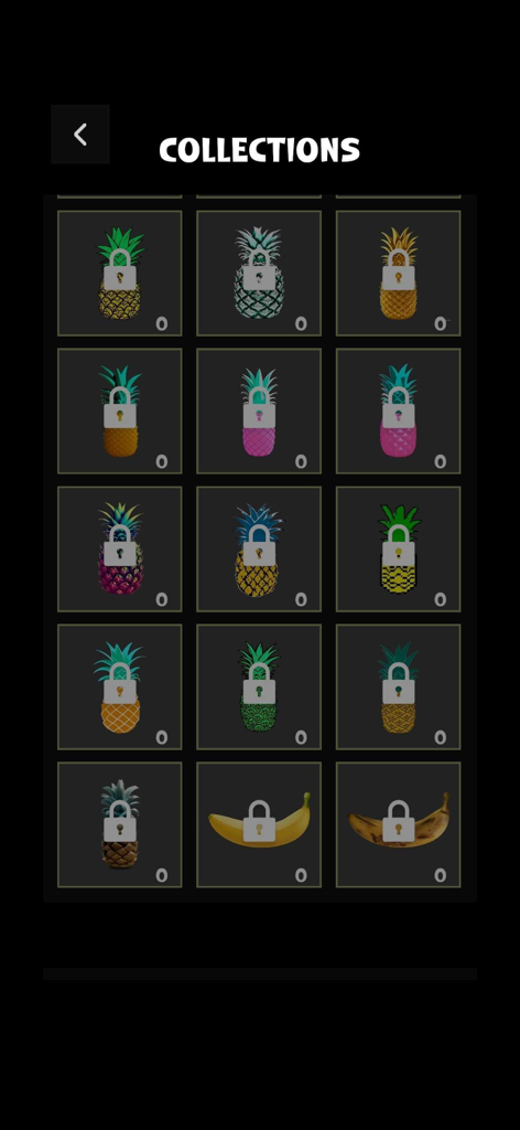 A menu showing a grid of locked fruit skins in the Crazy Banana GO app