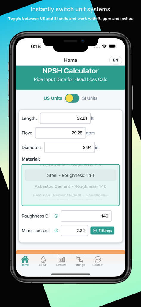 NPSH Calculator - Schermata dell'app NPSH Calculator che mostra i dati di input del tubo con un interruttore per passare tra unità US e SI
