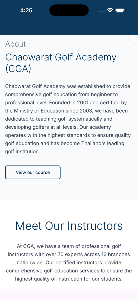 CGA Golf School - About page of CGA Golf School app showing academy history and instructor information