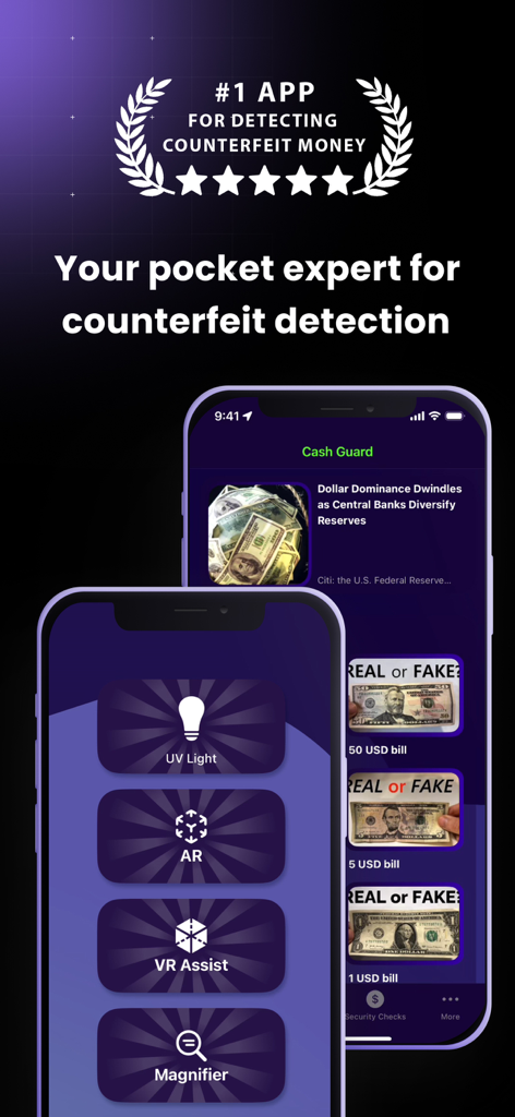 Cash Guard: Identify Fake Bill - Interface do aplicativo Cash Guard para detectar dinheiro falso usando luz UV e ferramentas de RA