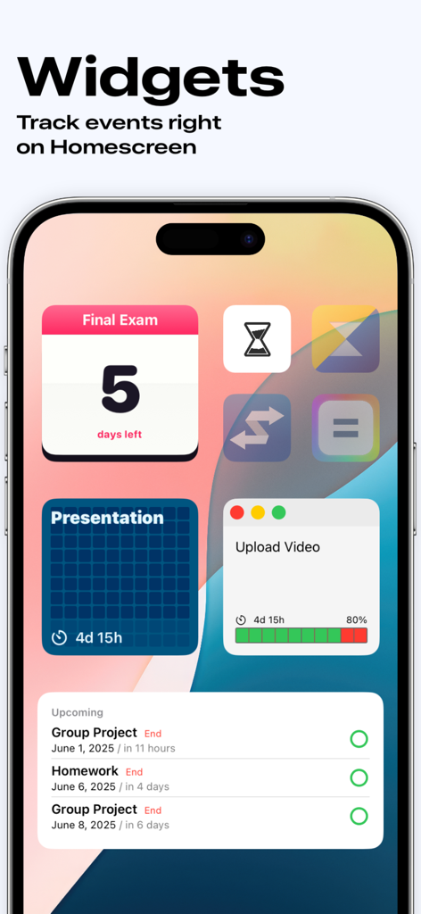 Deadline Tracker - Deadline Tracker app showing various productivity widgets on an iPhone home screen including countdowns and project lists