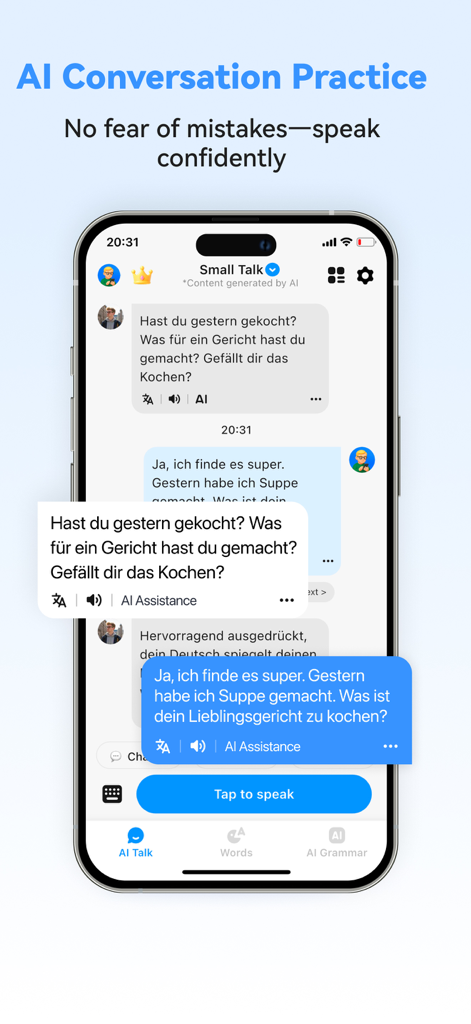 Tela de smartphone exibindo o recurso de prática de conversação por IA do tutor German Ai