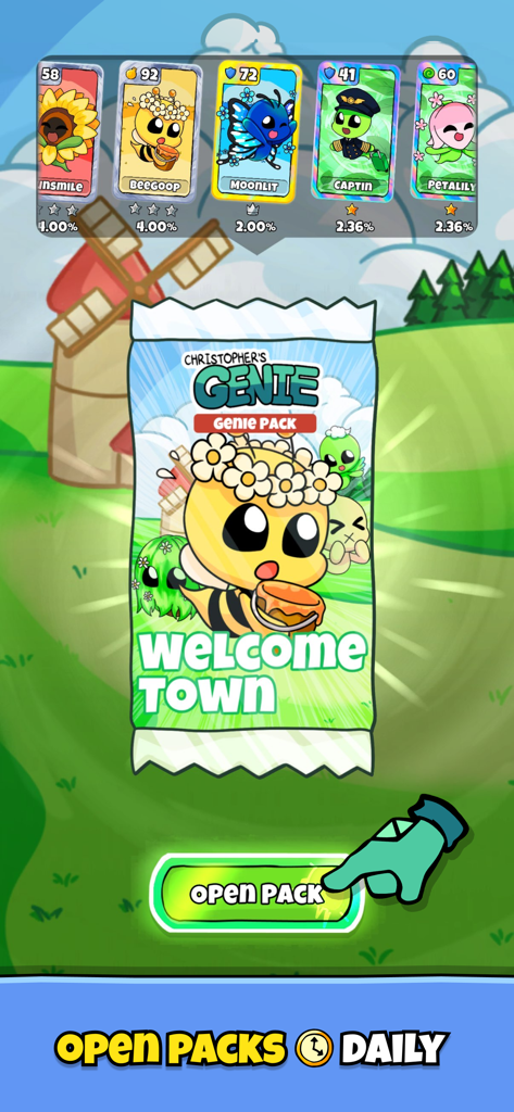 Christophers Genie - A Welcome Town Genie Pack screen in Christophers Genie showing character cards and an open pack button.