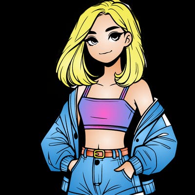 a realistic girl with a crop top and short shorts in an open jacket