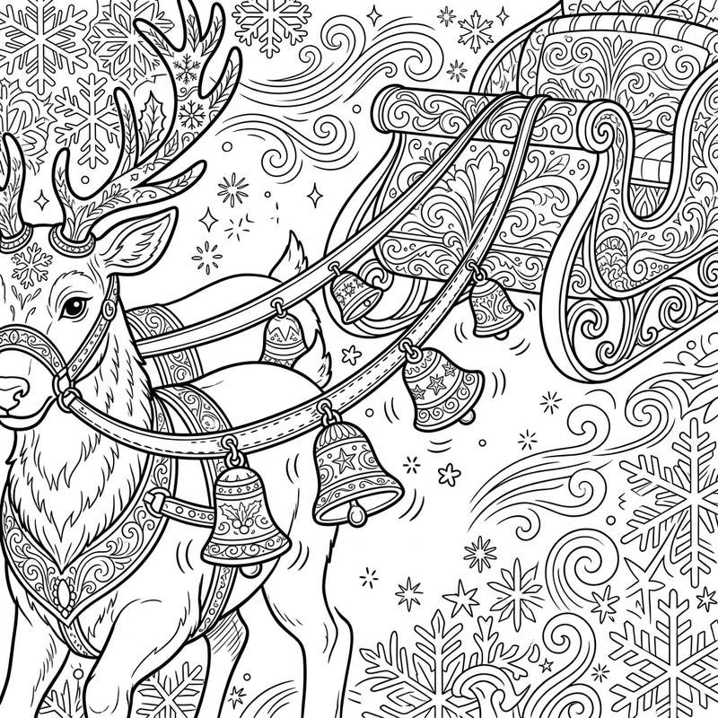 Dive into the festive spirit with this enchanting coloring page featuring a majestic reindeer and ornate sleigh bells. Designed for teens, its intricate details promise a wonderfully creative holiday coloring experience.
