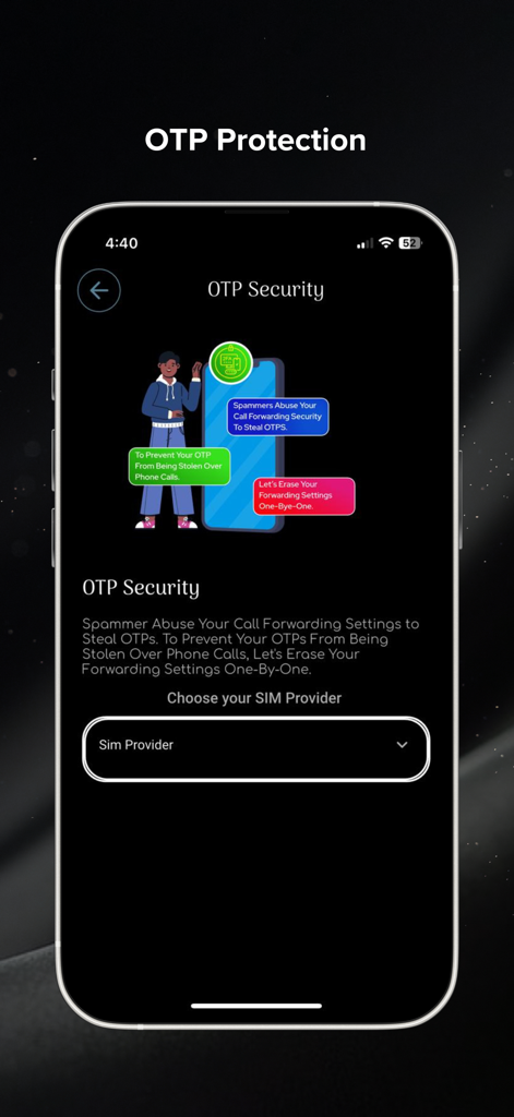 Interface de l'application MobiArmour montrant les fonctionnalités de sécurité OTP et de protection de transfert d'appels pour des transactions sécurisées