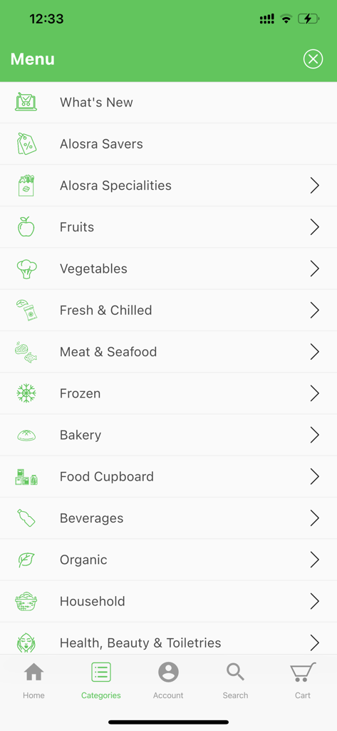 Alosra - The category menu of the Alosra grocery app showing departments like fruits, vegetables, meat, seafood, and organic products.