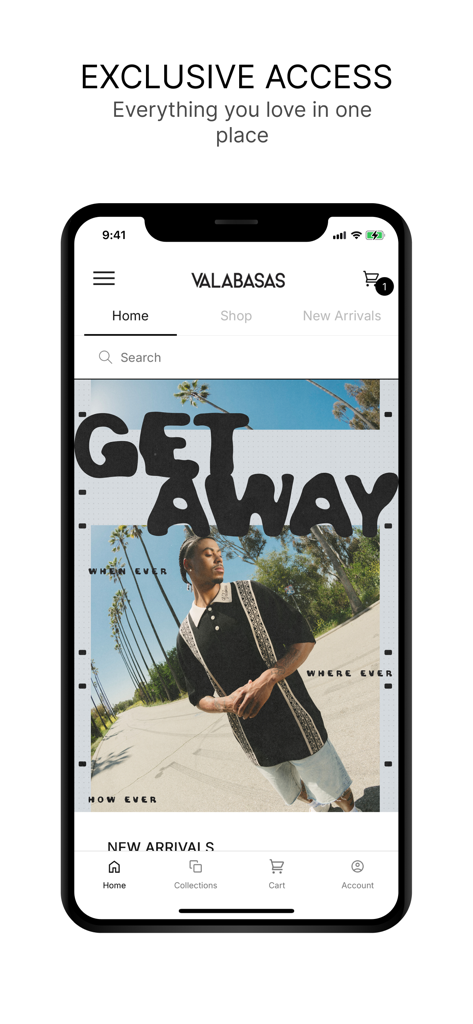 Valabasas - Valabasas mobile app home screen featuring exclusive access message and streetwear denim collection
