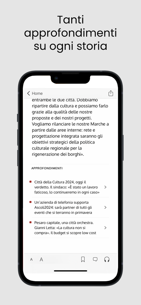 Visualizzazione approfondita di un articolo con notizie correlate sull'app mobile Corriere Adriatico.