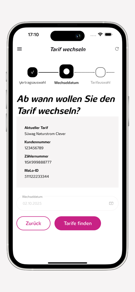 Meine Süwag - Meine Süwag app screen for changing energy tariff plans.