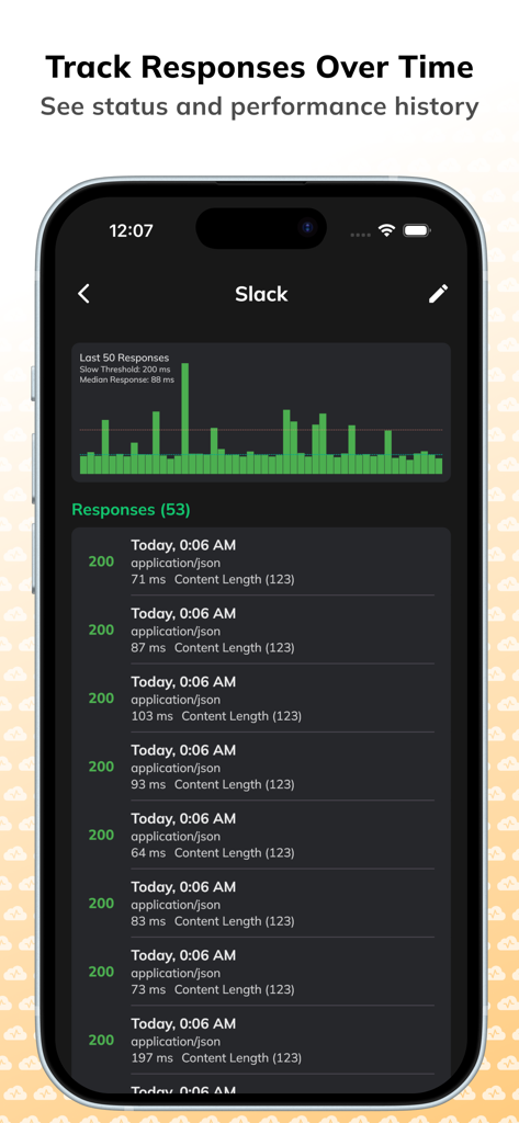 Hapi app interface showing API response history and performance metrics over time.