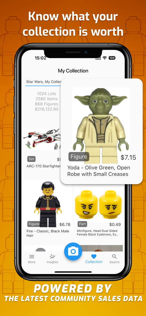 BrickScan: AI Minifig Scanner - BrickScan app interface displaying a LEGO collection total value and individual minifigure prices