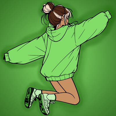 realistic girl jumping with a bun and oversized sweatshirt