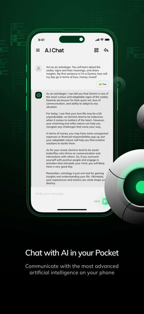 A.I chat - NEO Smart Assistant - NEO Smart Assistant app interface showing a chat with an AI chatbot on a smartphone