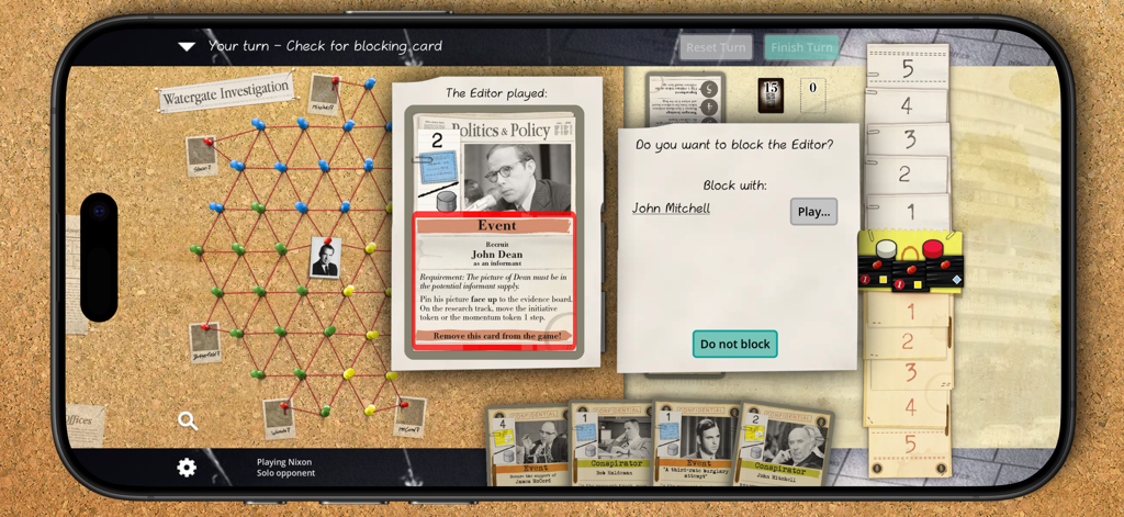 A mobile screenshot of Watergate The Board Game showing the investigation board and a strategic decision prompt.