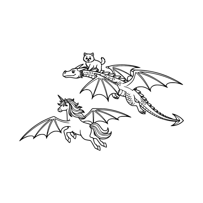 two dragons flying on the sky with a small cute dog riding on them. and there is one unicorn flying with them. and other than that there is nothing else on the sky. the dragon with the dog is a tiny bit above than the other animals
