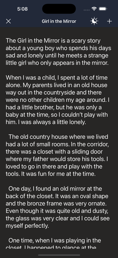 Horror Stories & Scary Stories - A mobile app screen showing a scary story titled Girl in the Mirror in dark mode.