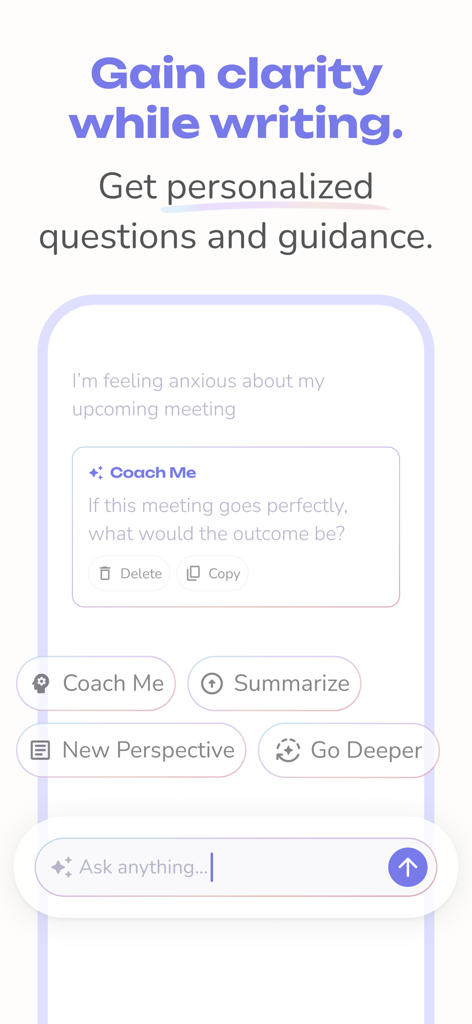 A mobile app interface of Reflection AI Journal showing personalized coaching questions and guidance during a journaling session.