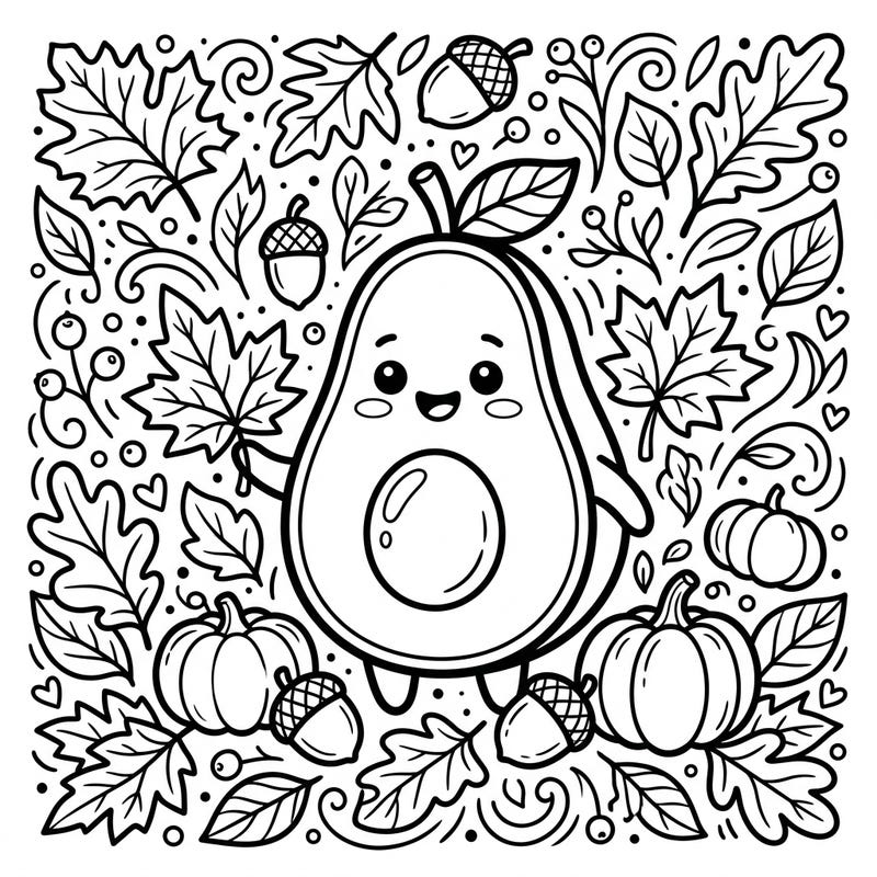 Get ready for cozy autumn vibes with this charming Kawaii avocado, nestled among falling leaves and festive pumpkins. This adorable design is perfect for adding a splash of fall color and cuteness to your day.