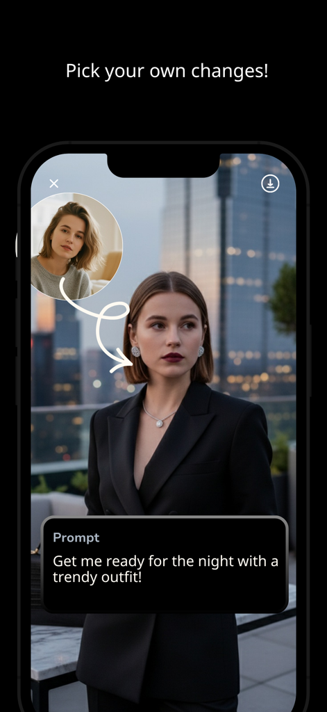 Kimo: AI Photo & Face Analyzer - AI photo app interface showing a casual selfie transformed into a woman in a trendy night outfit based on a text prompt