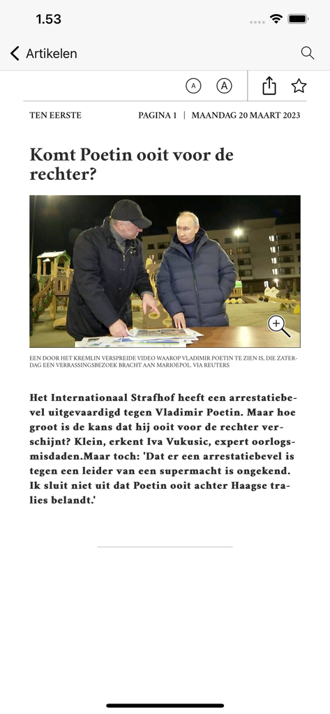 Article de nouvelles sur Vladimir Poutine dans l'application de Volkskrant.