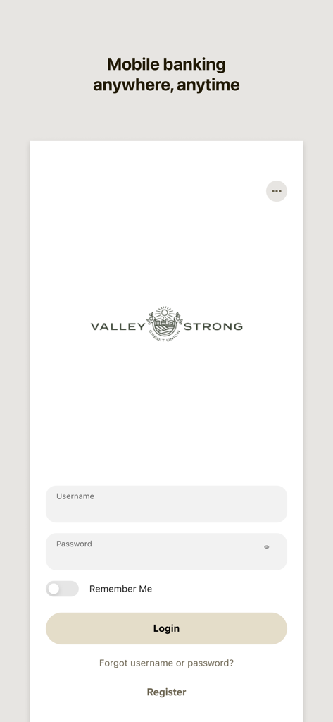 Valley Strong Mobile Banking app login screen with username and password fields