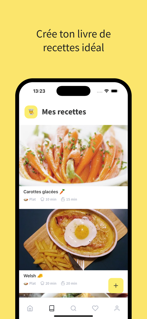Pantalla de iPhone que muestra la aplicación de libro de recetas Miam con una lista de recetas personalizadas como zanahorias glaseadas y welsh.