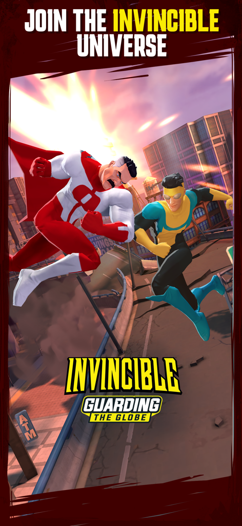 Invincible: Guarding the Globe - Omni-Man and Invincible flying through a city in Invincible Guarding the Globe mobile game.