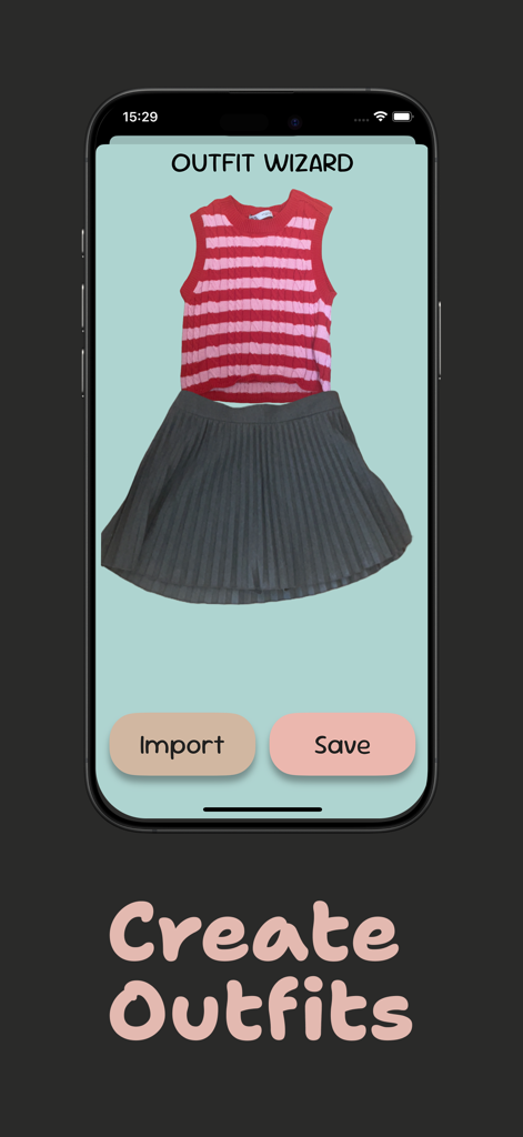 Clothify Wardrobe - Interface of the Clothify Wardrobe app showing a red striped vest and a grey pleated skirt being combined in the Outfit Wizard tool.