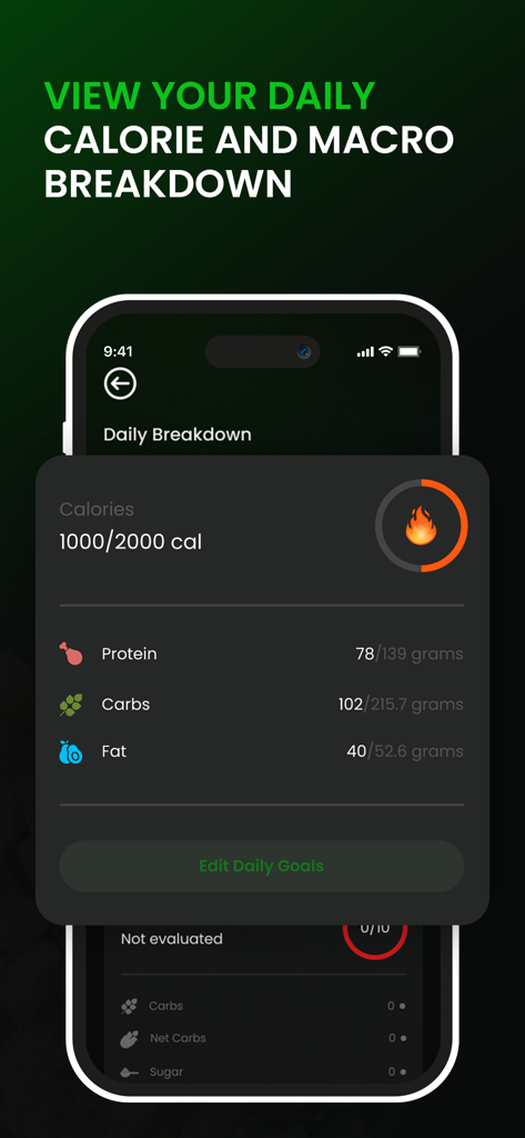 CalorieAI – Nutrition Tracker - Pantalla de la aplicación CalorieAI que muestra el desglose diario de calorías y macronutrientes para proteínas, carbohidratos y grasas