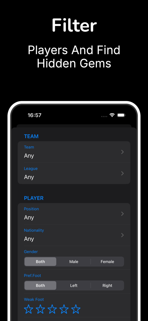 Career Mode Database - Filter screen in the Career Mode Database app showing scouting options for FC26 players by team league position and nationality