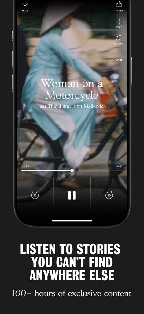 Alexander: Audiobooks & Series - Alexander app playback interface showing an exclusive story titled Woman on a Motorcycle.