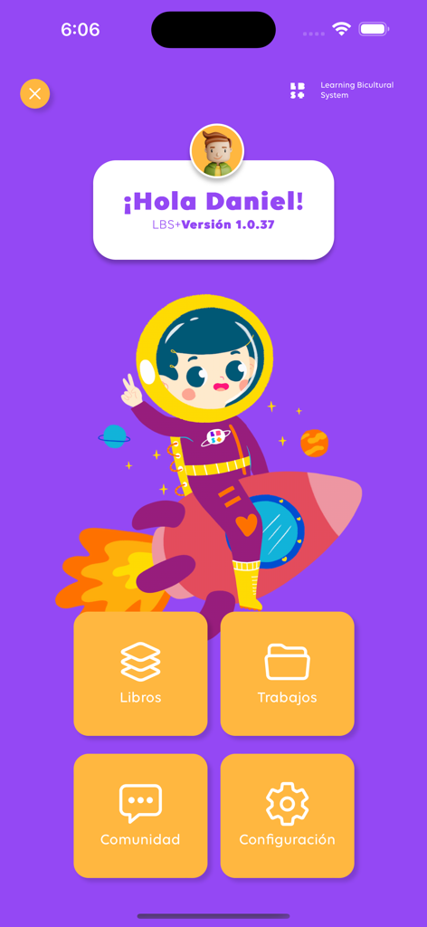 LBS Plus app home screen showing a personalized welcome message for a student with an astronaut illustration and menu icons for books and community.