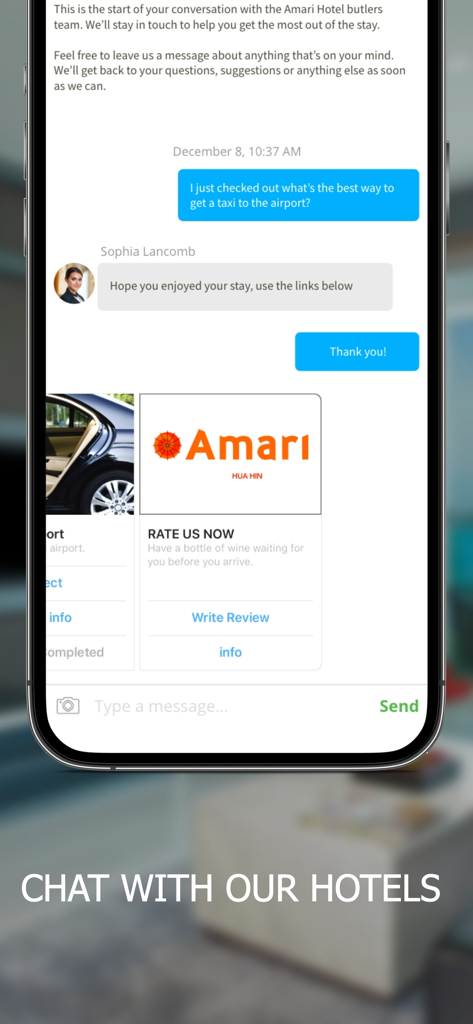 ONYX Rewards - Interface of the ONYX Rewards app live chat feature showing a conversation with hotel concierge