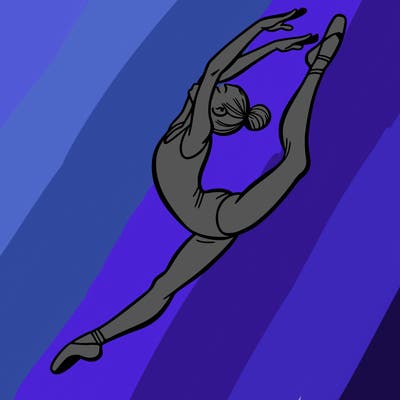 gymnast doing a leap in a leotard with a bent back leg
