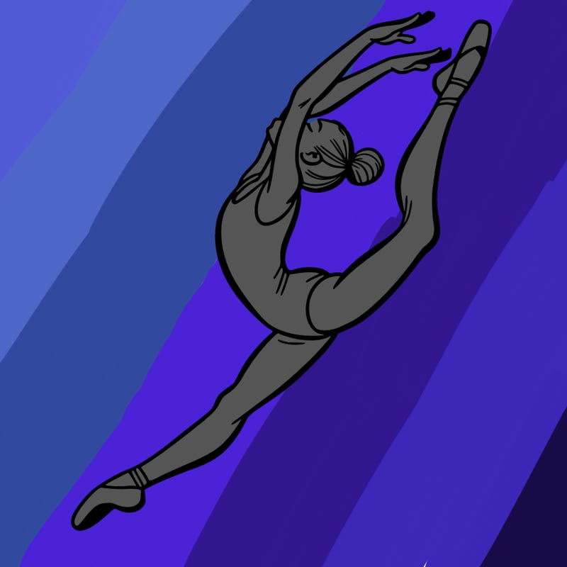 gymnast doing a leap in a leotard with a bent back leg
