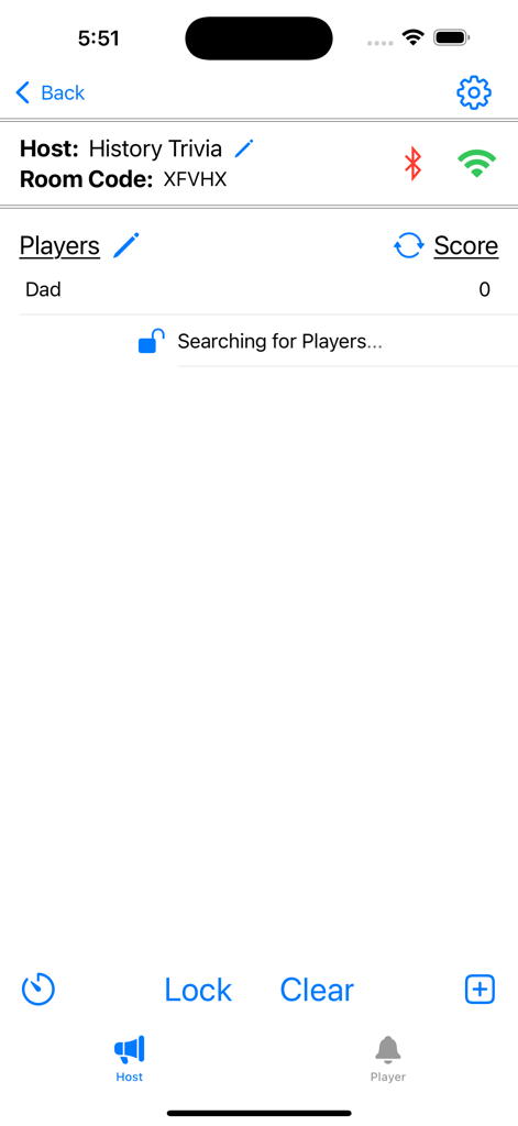 EZBuzzer host screen showing room code and player list for a history trivia game