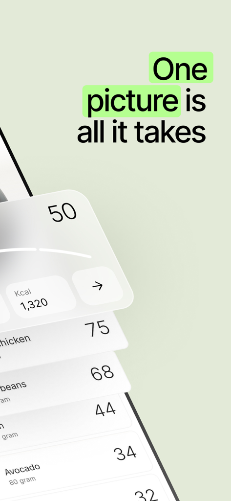 Hava – Lose weight, feel full - Interfaz de la aplicación móvil Hava para el registro visual de alimentos con puntuaciones de comidas y recuentos de calorías.