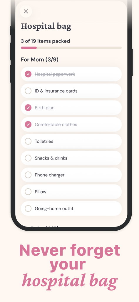 Hospital bag checklist for expectant mothers in the Baby Lua app