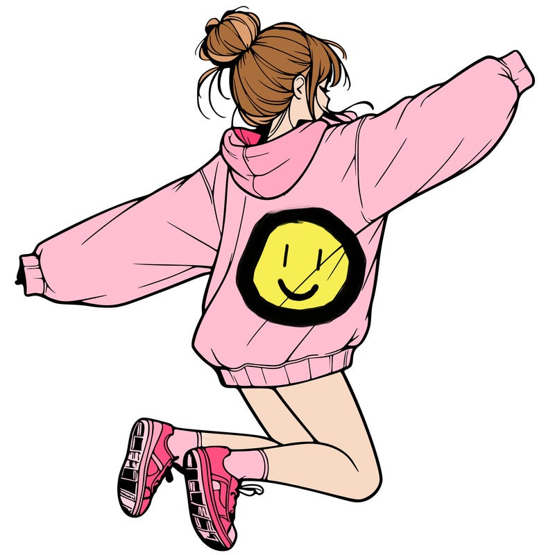 realistic girl jumping with a bun and oversized sweatshirt