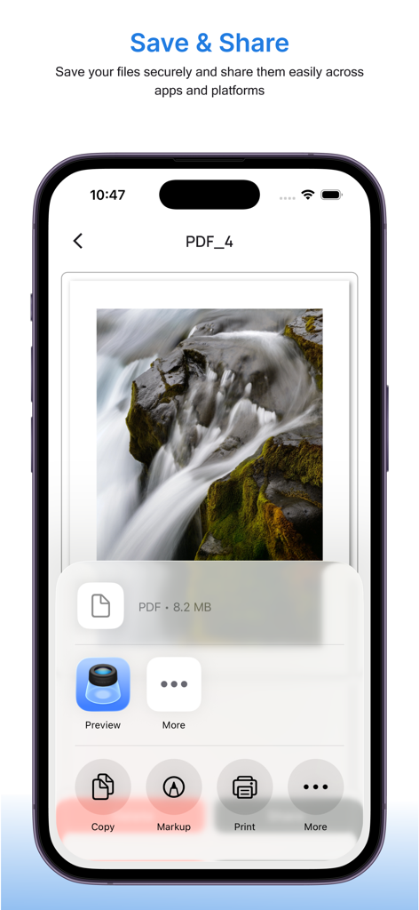 Document Scanner: PDF & OCR - スキャンしたPDFドキュメントの保存と共有オプション、コピー、マークアップ、印刷機能を含むiPhoneアプリ画面