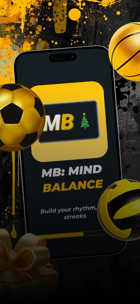 Smartphone affichant l'écran d'accueil de l'application MB Mind Balance Rituals avec le slogan 'Build your rhythm'.