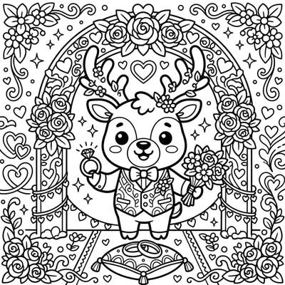 Join the festivities with this charming Kawaii Caribou wedding coloring page. Our adorable caribou, dressed in a tuxedo, holds a ring and bouquet, ready to bring joy to your coloring session.