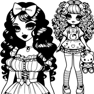 female with an hourglass waist,long sleek curly and wavy hair and bratty like eyes with lashes, and a soft smile with lipstick, wearing a ruffled corset, and a cute short kawaii skirt with mismatch heart and stripe socks and doll platform shoes, holding a little girl with fluffy coily curly hair and soft sweet eyes and cute lashes,with a happy smile with soft ombre lipstick, wearing a kawaii ruffled shirt and a ruffled overall skirt with a hello kitty pattern, wearing mismatched dollhouse socks, and cute mary jane doll platforms, holding a teddy bear that's dressed in a ruffled doll dress and a bow with
