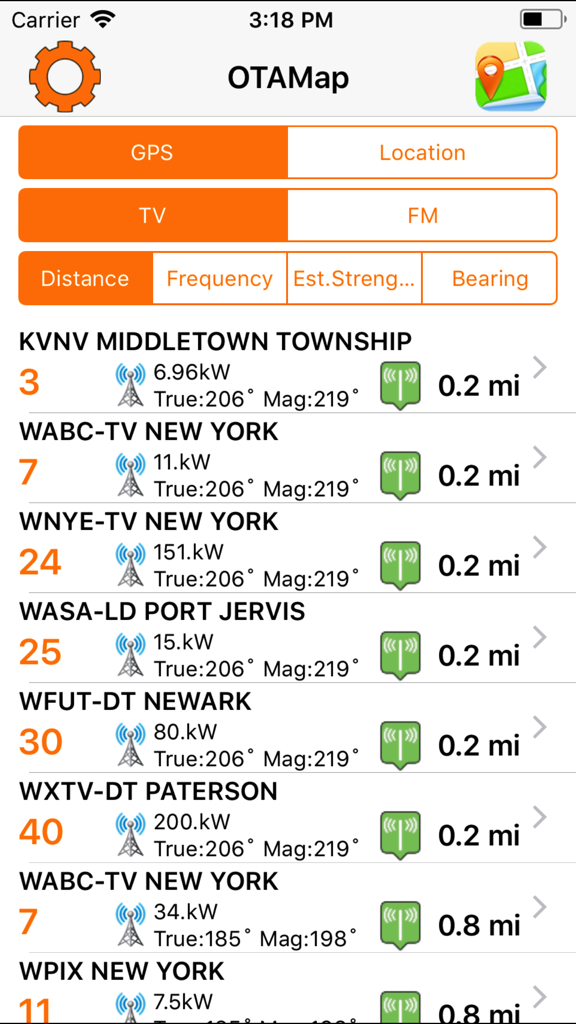OTAMap app interface showing a list of nearby TV stations with signal strength, distance, and transmitter bearing data.