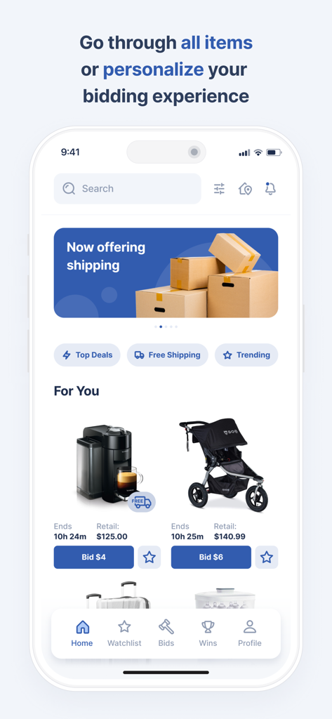 OLA Online Auction app home screen showing personalized bidding items and shipping deals.