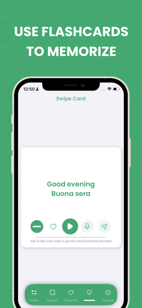 Learn Italian - Phrasebook - Mobile app interface showing Italian language flashcards for memorization with the phrase Good evening translated as Buona sera