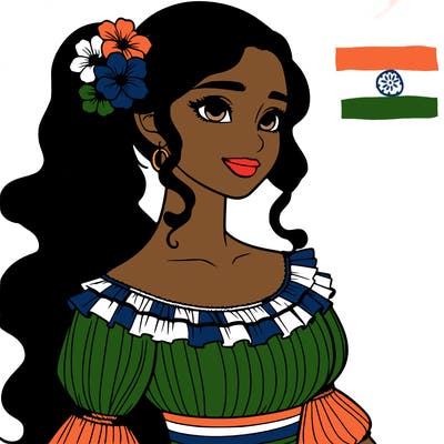 a single latina woman with a side ponytail and a long dress with ruffles. she has a few discreet flowers in her hair. realistic