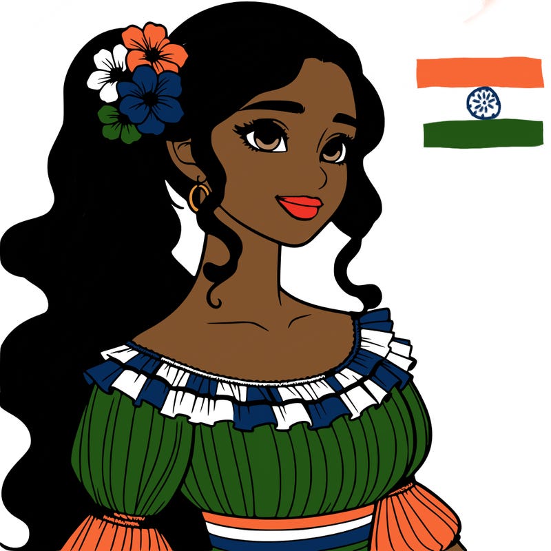 a single latina woman with a side ponytail and a long dress with ruffles. she has a few discreet flowers in her hair. realistic