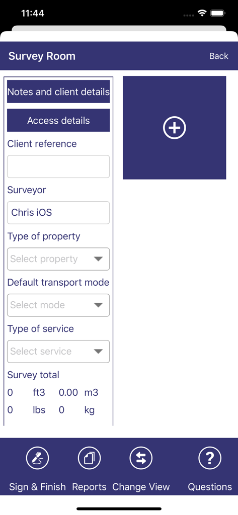 MoveMan Mobile app interface showing the Survey Room screen with fields for client reference, surveyor name, property type, and transport mode.